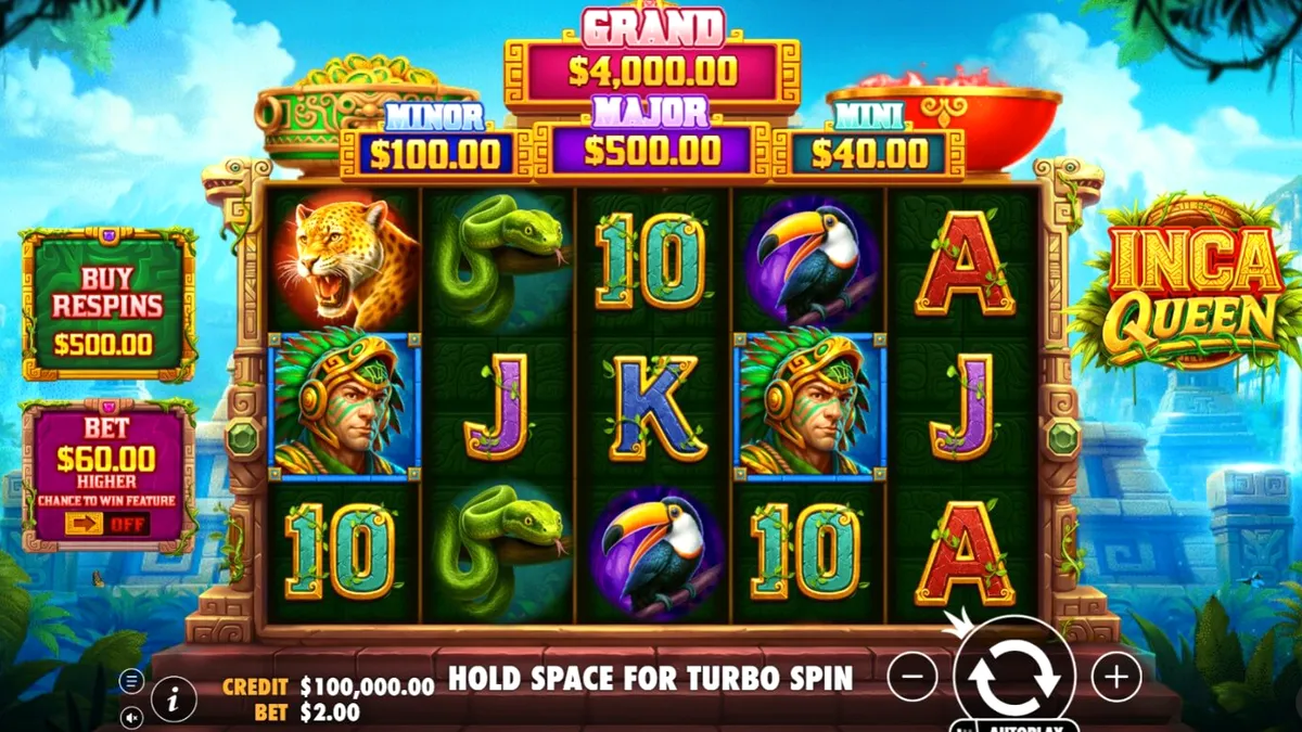 Tampilan antarmuka slot Inca Queen di perangkat seluler dengan latar belakang kuil kuno.